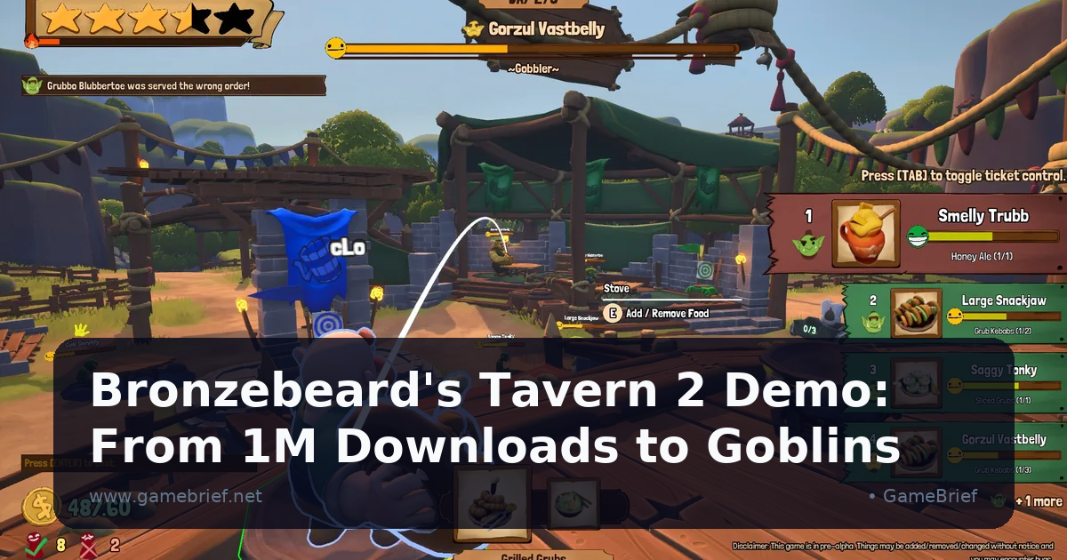A dwarf tavern keep mid-throw serving a dish toward goblin customers on an outdoor wooden tavern deck, with order tickets for Honey Ale and Grub Kebabs listed on the right-side panel