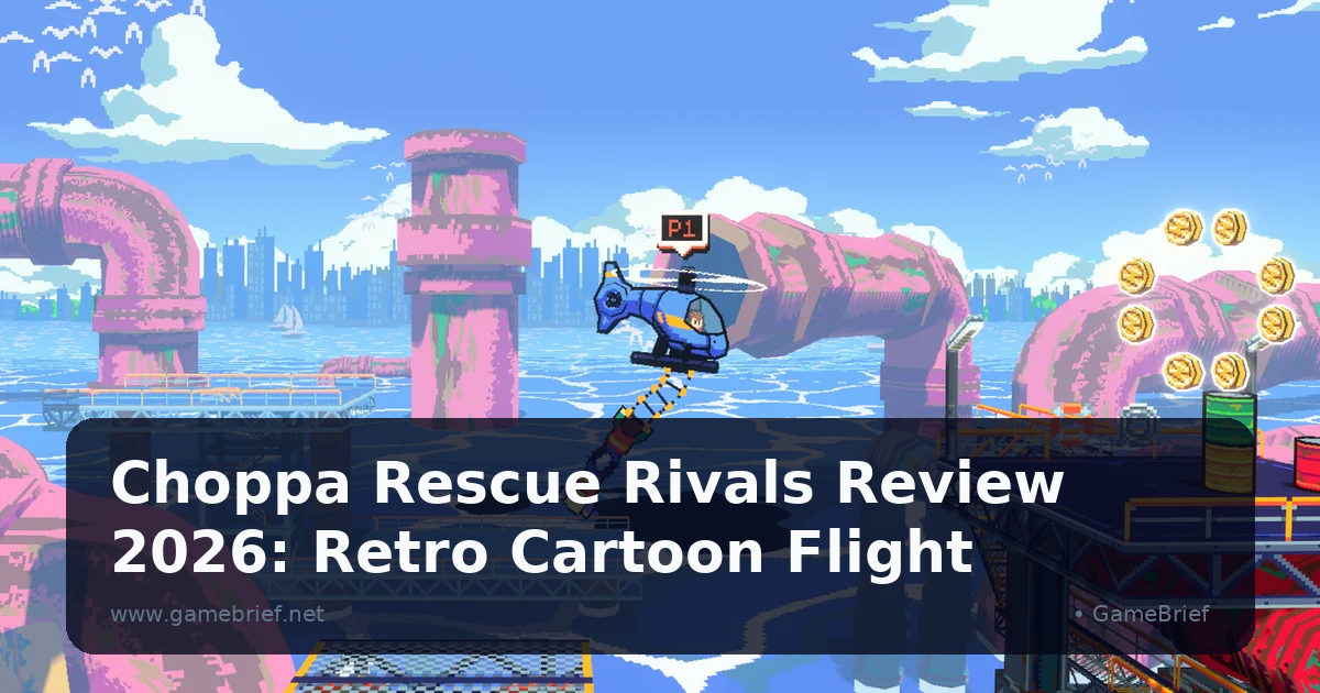 A blue P1 helicopter lowering a rope ladder to rescue a stranded pixel-art character above an oceanic industrial level with pink pipes and gold coins