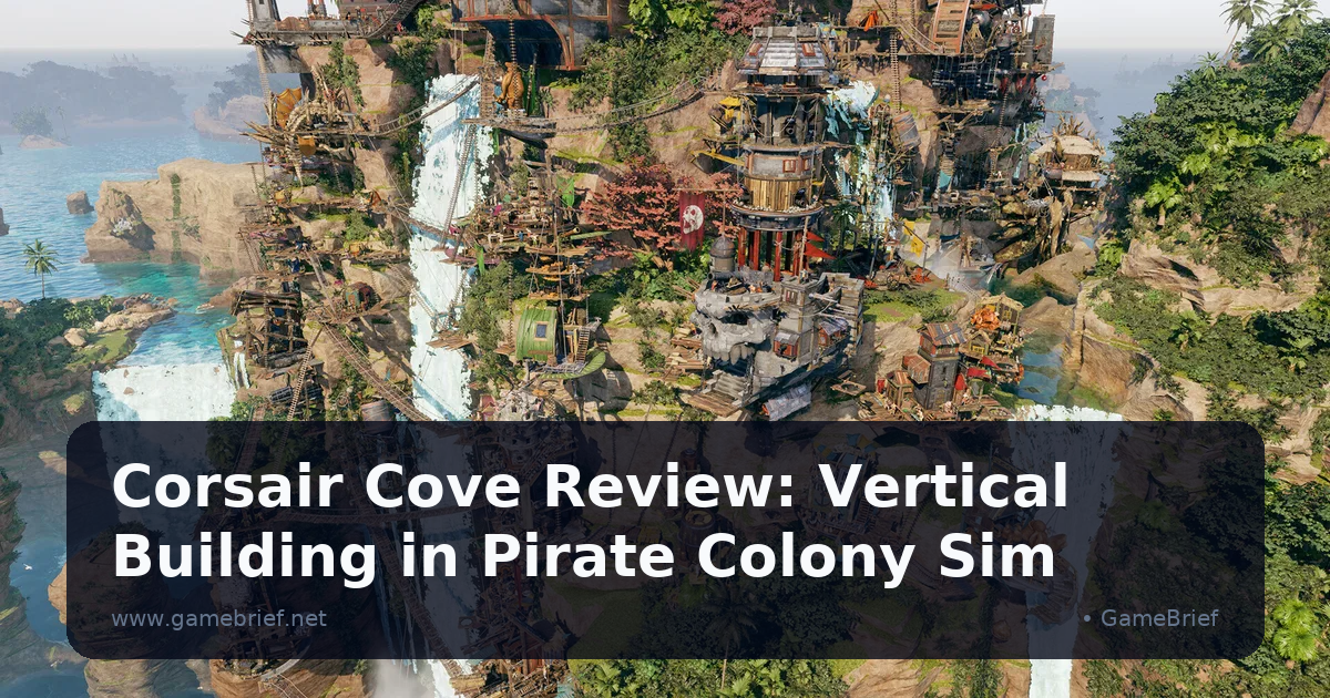 Corsair Cove pirate settlement built vertically across cliff faces with bridges and ziplines connecting production buildings above a harbor with ships