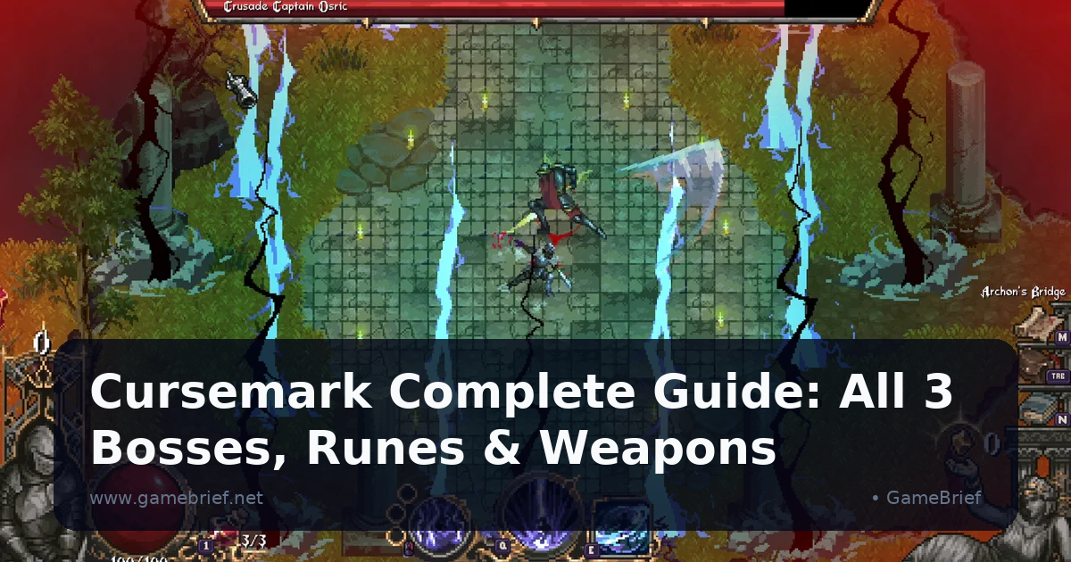 Cursemark boss fight against Crusade Captain Osric, boss name banner and health bar visible, blue lightning cracks splitting the arena floor