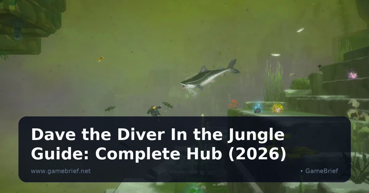 A diver approaches a large leaping catfish through murky green underwater ruins in Dave the Diver's In the Jungle DLC, mossy stone platforms and freshwater plants surrounding the scene