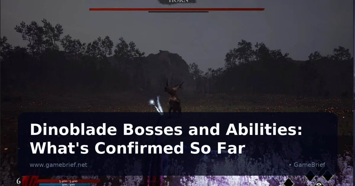Dinoblade boss fight against HORN, a horned dinosaur enemy, in a foggy white-flowered meadow at night, boss name and health bar visible on screen