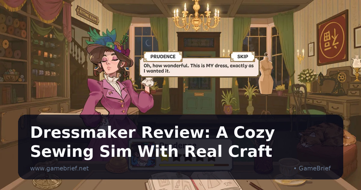 Dressmaker character showing a finished pink suit to a happy customer beside a sleeping cat