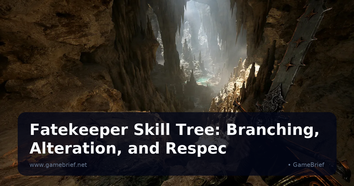 Fatekeeper's armored protagonist wielding a large ornate sword inside a stalactite-filled cavern, a fallen creature beside a small campfire nearby
