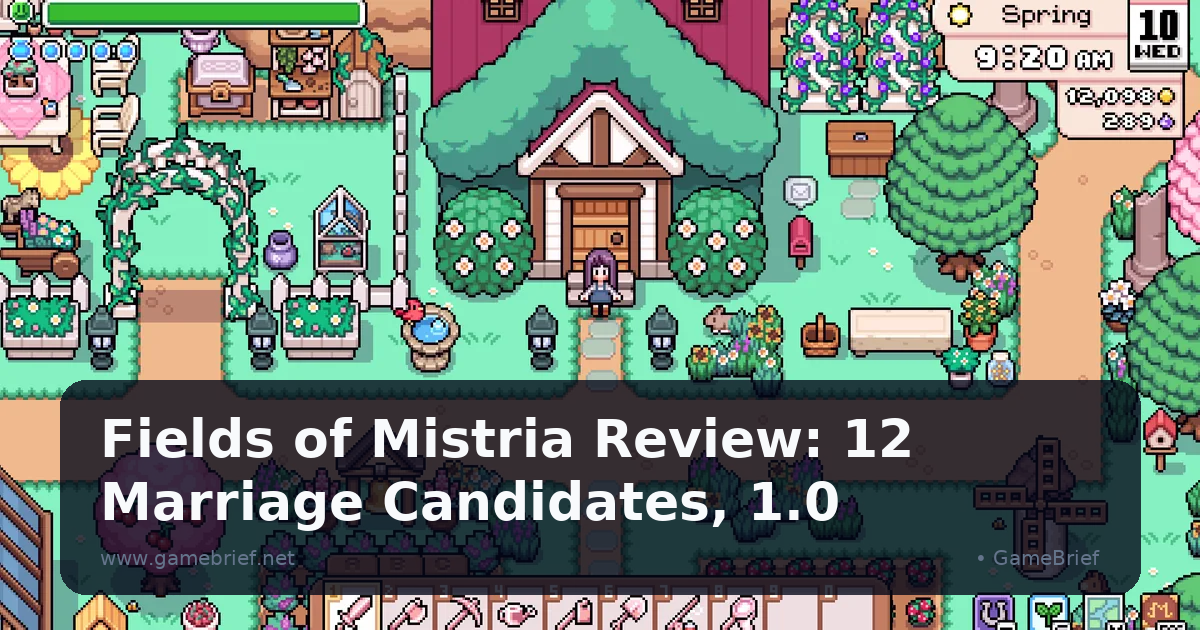 Fields of Mistria farmhouse decorated with a white flower archway, fenced garden beds, a birdbath, and a blooming cherry tree