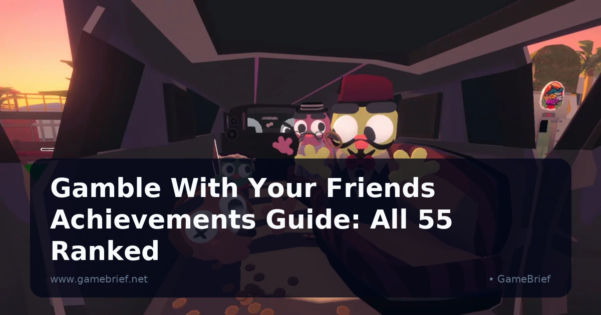 Four blob casino characters in tuxedos and a fez hat sitting inside a limousine at sunset with poker chips scattered on the floor