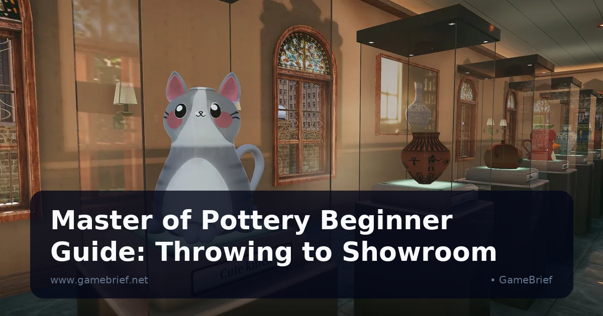 A museum-style showroom hallway with glass display cases on marble pedestals, one holding a cat-shaped pottery mug labeled Cute kitten