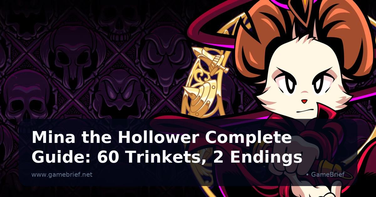 Mina the Hollower key art: a cream-furred cat protagonist gripping a red chain whip against a dark purple background patterned with skull motifs