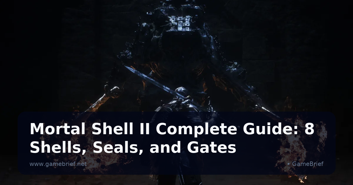 A hooded armored warrior stands before a towering dark-armored boss with twin blades and flaming braziers