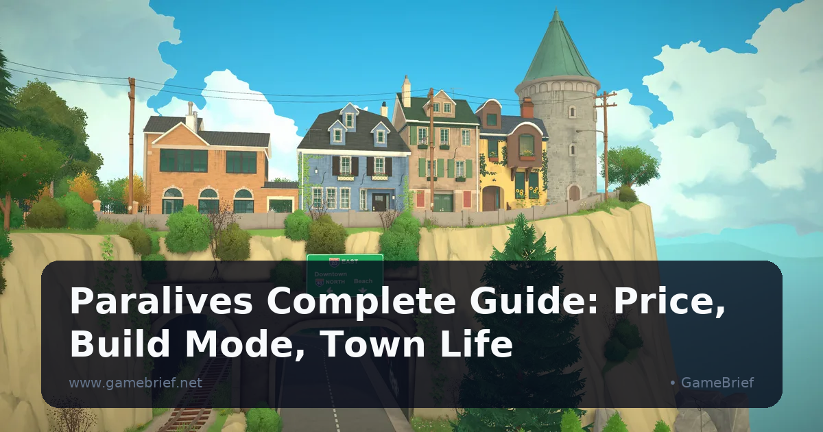 Cliffside Paralives neighborhood with a stone watchtower, colorful houses, and a highway tunnel below the coastal bluff