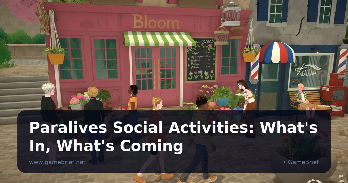 Paralives gameplay showing two Parafolk characters interacting in a park setting with emotion indicators and social relationship UI visible