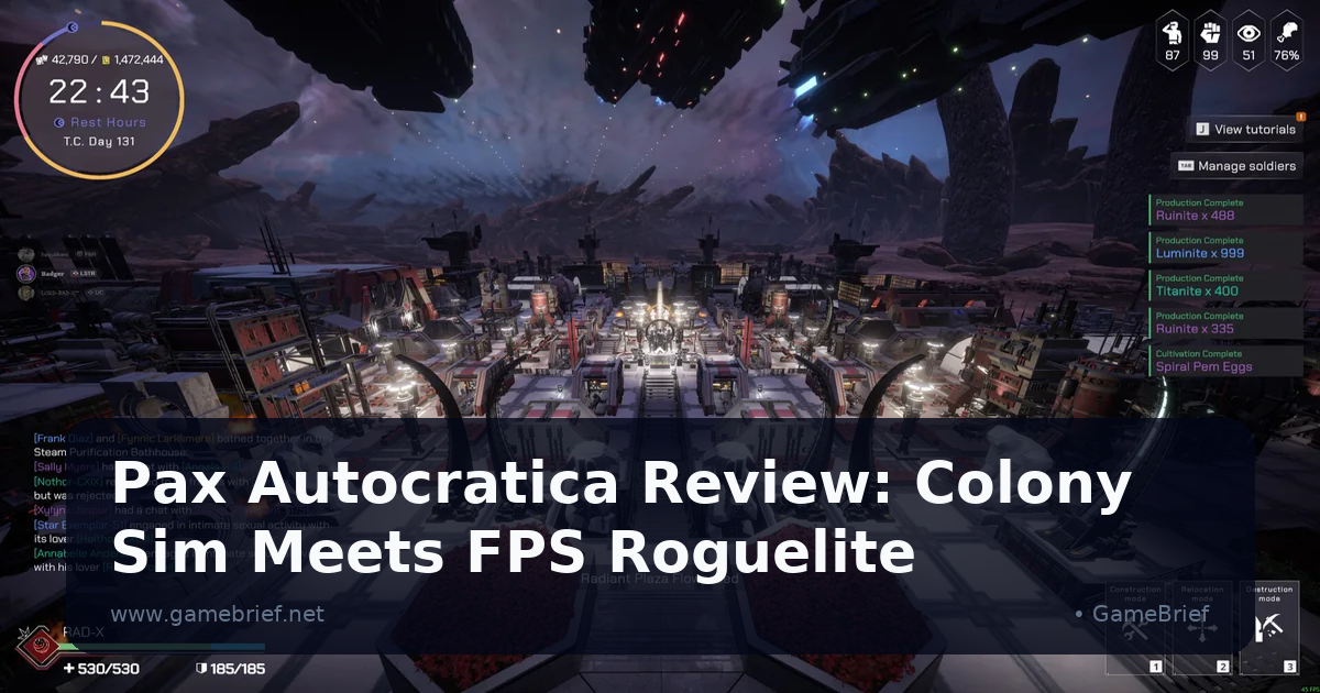 Overhead view of a sprawling sci-fi colony plaza with resource production alerts, a day counter reading Day 131, and a citizen relationship log scrolling in the corner