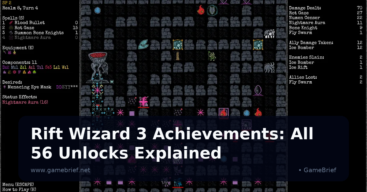 Rift Wizard 3 dungeon floor with a full spellbook open and a fire school wizard surviving a multi-enemy encounter in a tight corridor