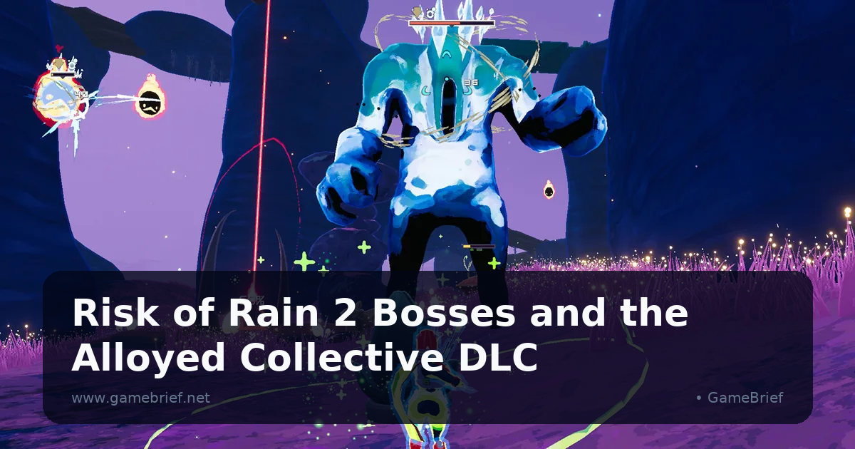 Risk of Rain 2 survivor firing on a large ice-covered humanoid boss with a red health bar in a purple-lit cave environment