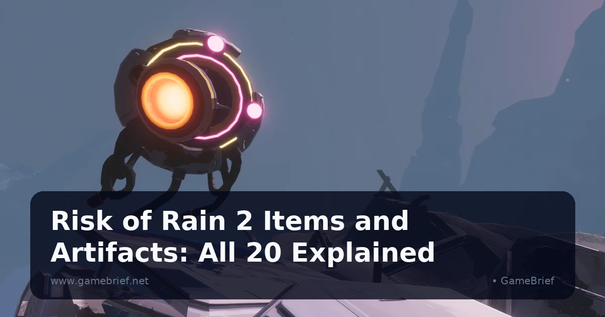 Risk of Rain 2 spherical support drone with glowing orange and pink lights hovering above a wrecked vehicle in a rocky canyon