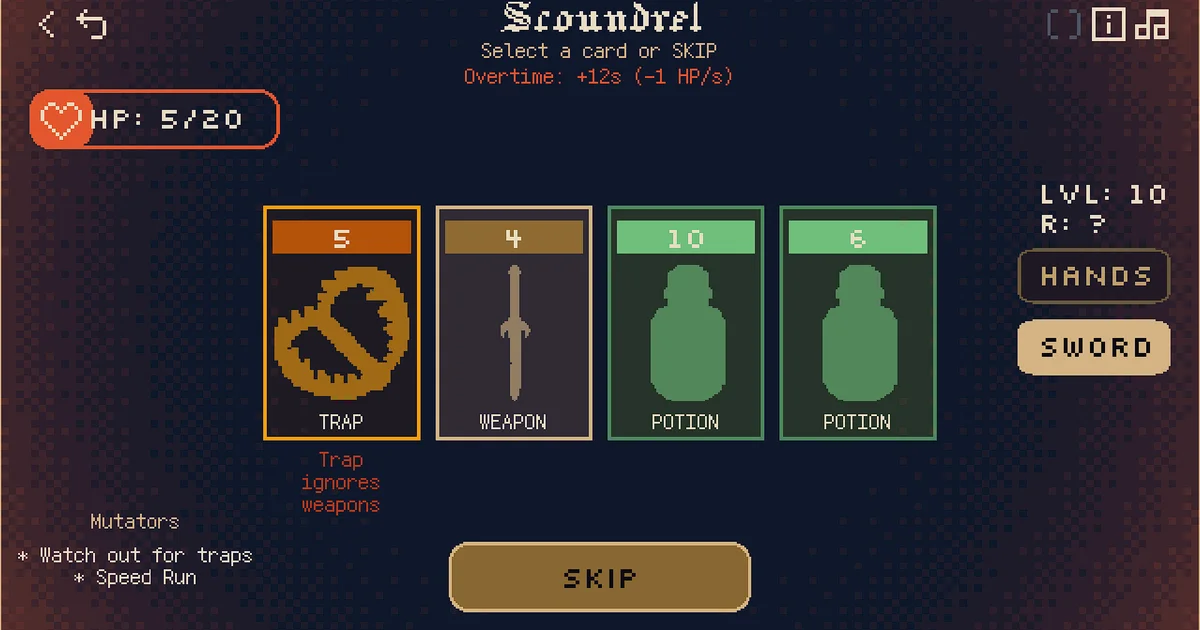 Scoundrel dungeon card selection screen with four face-up encounter cards and pixel-art weapon durability gauge