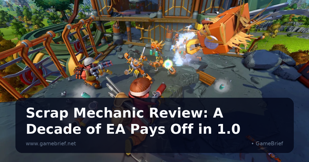 Two Scrap Mechanic survivors firing spud guns at a swarm of orange Totebots beside a wrecked rollercoaster structure