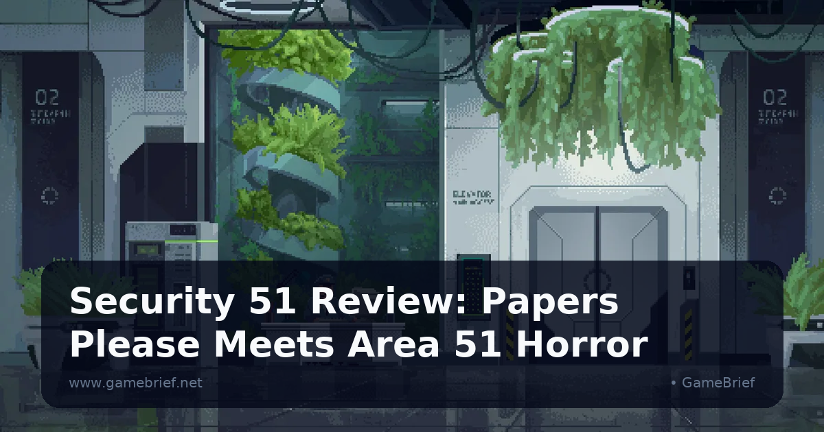 Security 51 underground Area 51 checkpoint showing a verification desk with document scanners and a fortified elevator gate in atmospheric bunker lighting