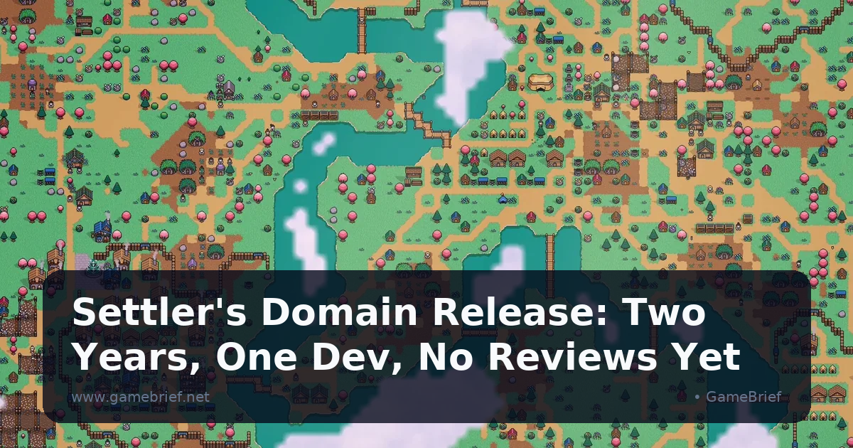 Top-down pixel art overview of a Settler's Domain world map showing several scattered settlements connected by dirt paths, bridges, rivers and forest tiles