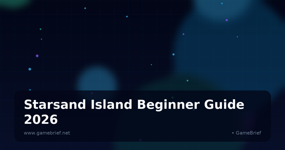Two customizable Starsand Island characters stand on water beneath a rainbow and the game's logo, with a distant lighthouse and town behind them