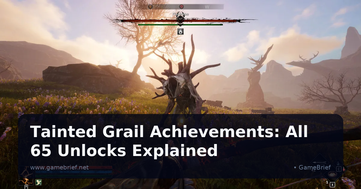 Tainted Grail Fall of Avalon first-person archery combat against a large thorned Flesh Tree enemy in a sunlit wildflower meadow
