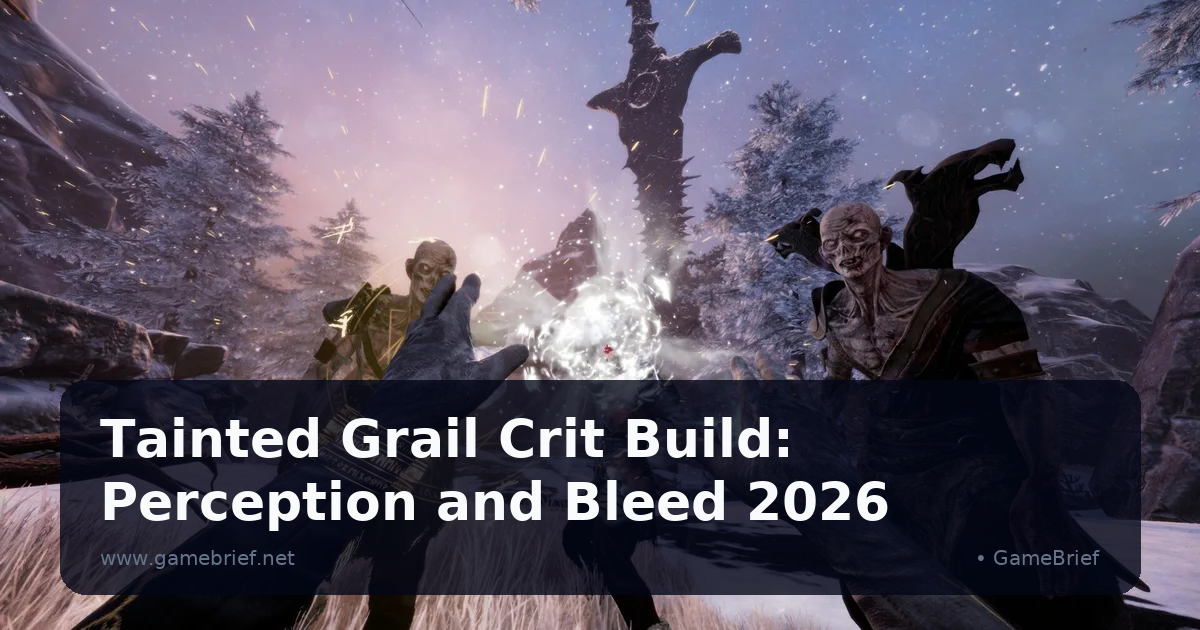 Tainted Grail character inventory showing high-perception gear with crit bonuses alongside a Bleeder Rogue weapon coating in the quick-slot bar