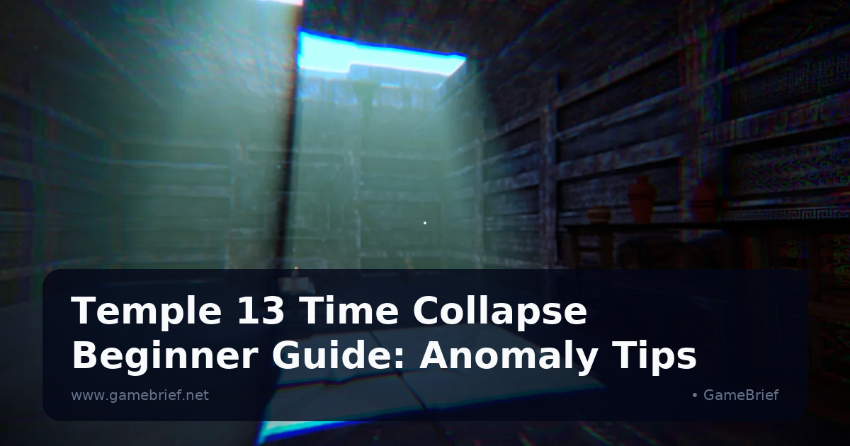 A dark temple room distorted by a chromatic aberration glitch effect, with a glowing floor panel and a candlelit altar
