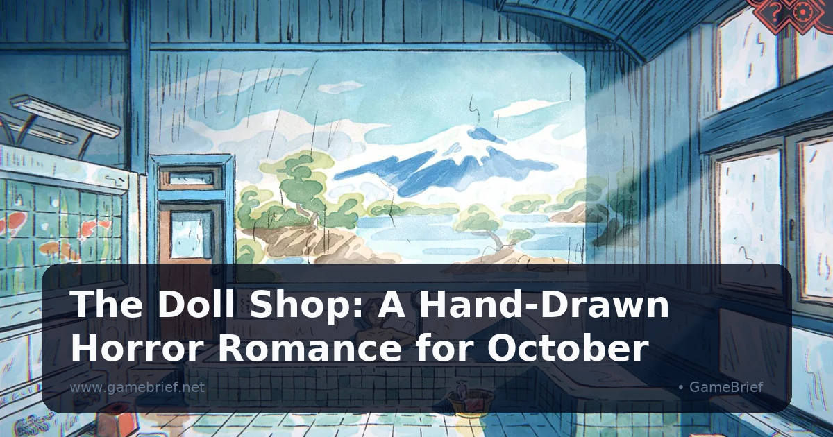 A hand-drawn watercolor scene of the protagonist soaking in a public bathhouse tub, gazing out at a painted mural of a mountain, pine trees, and a koi pond through a large window