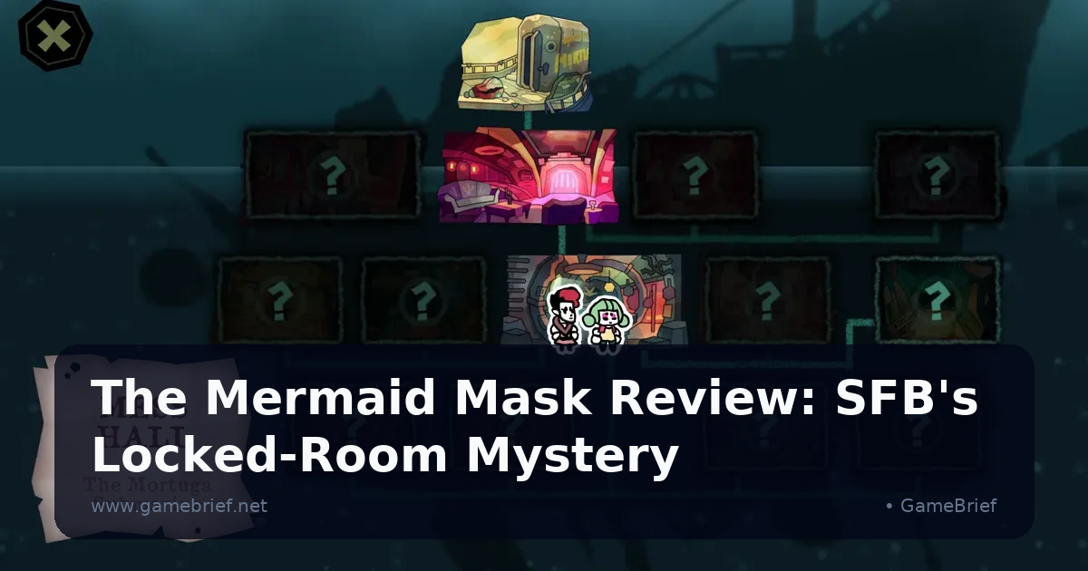 The Mermaid Mask submarine corridor scene with Detective Grimoire examining a glowing cauldron in a dimly lit locked room