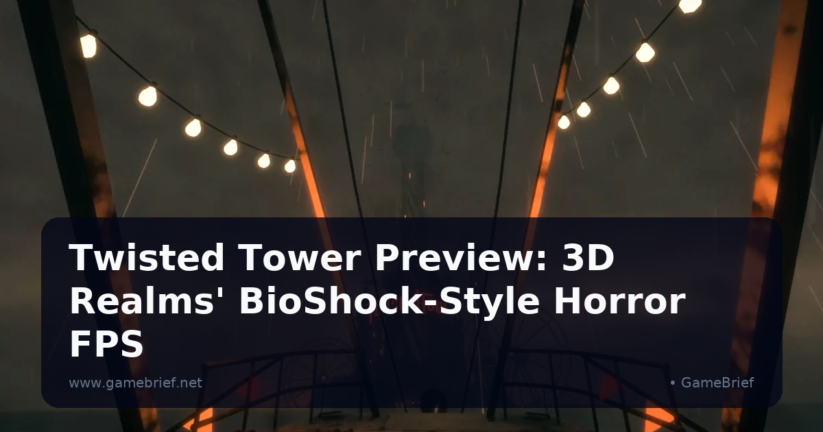 A rain-soaked nighttime approach to Twisted Tower's striped resort tower, red neon sign glowing past string lights and distant ferris wheels