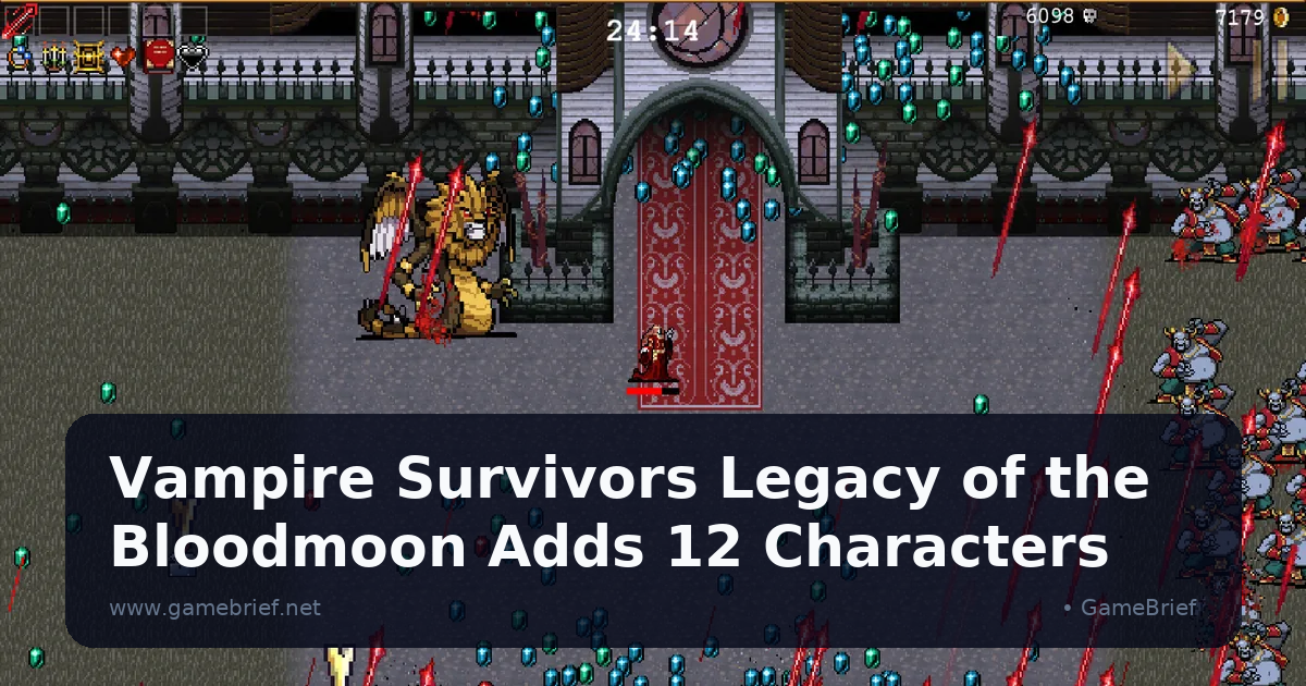 A Vampire Survivors character stands on the red carpet before Red Moon Manor's entrance in Legacy of the Bloodmoon, a golden winged enemy defeated nearby