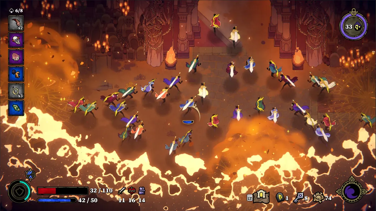 33 Immortals session with 33 players spread across the Inferno realm, hand-drawn character silhouettes fighting in a chaotic battle arena
