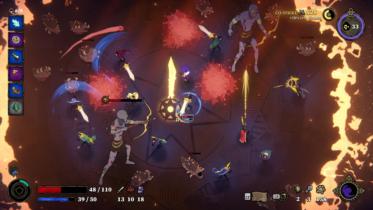 33 Immortals combat with four players surrounding an enemy, a "CO-STRIKE" counter and stacking multiplier visible above the fight