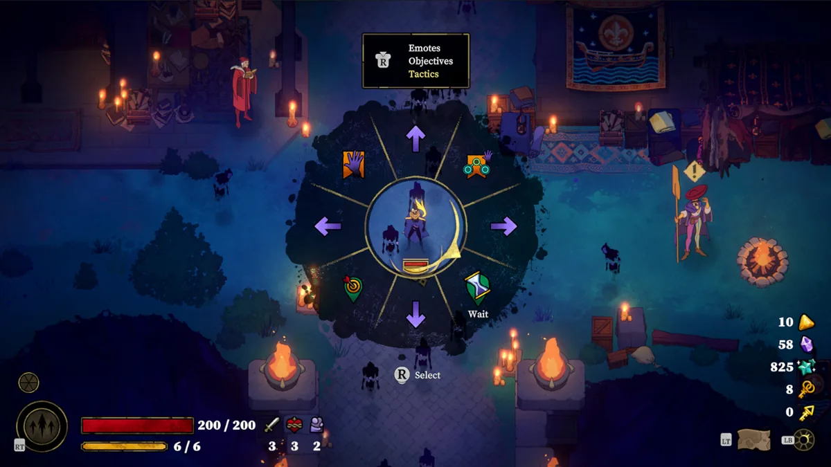 A player's radial tactics menu open in a torchlit night camp, with Emotes, Objectives, and Tactics options and NPCs visible nearby