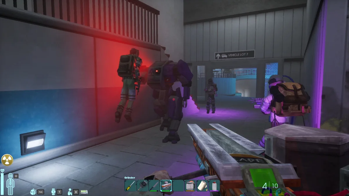 Abiotic Factor combat encounter in facility corridor with anomalous creature and emergency lighting active