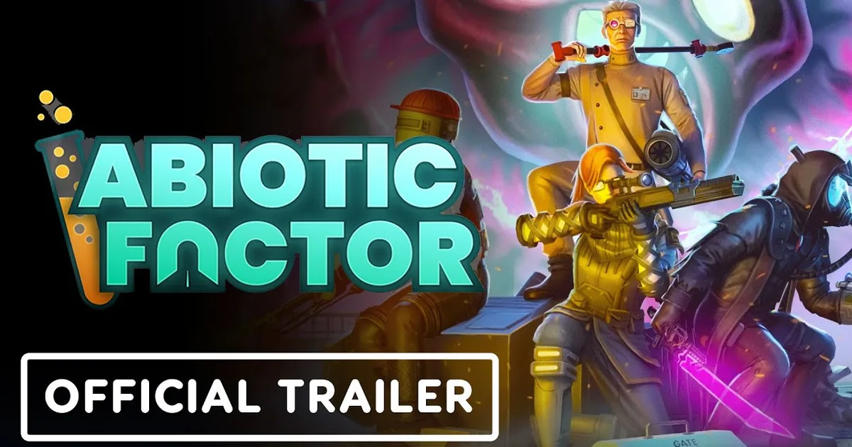 Abiotic Factor key art from the official trailer showing four survivors in makeshift GATE facility gear, including a lab-coated scientist with an improvised polearm and a hooded figure holding a glowing blade, against a shadowy creature backdrop