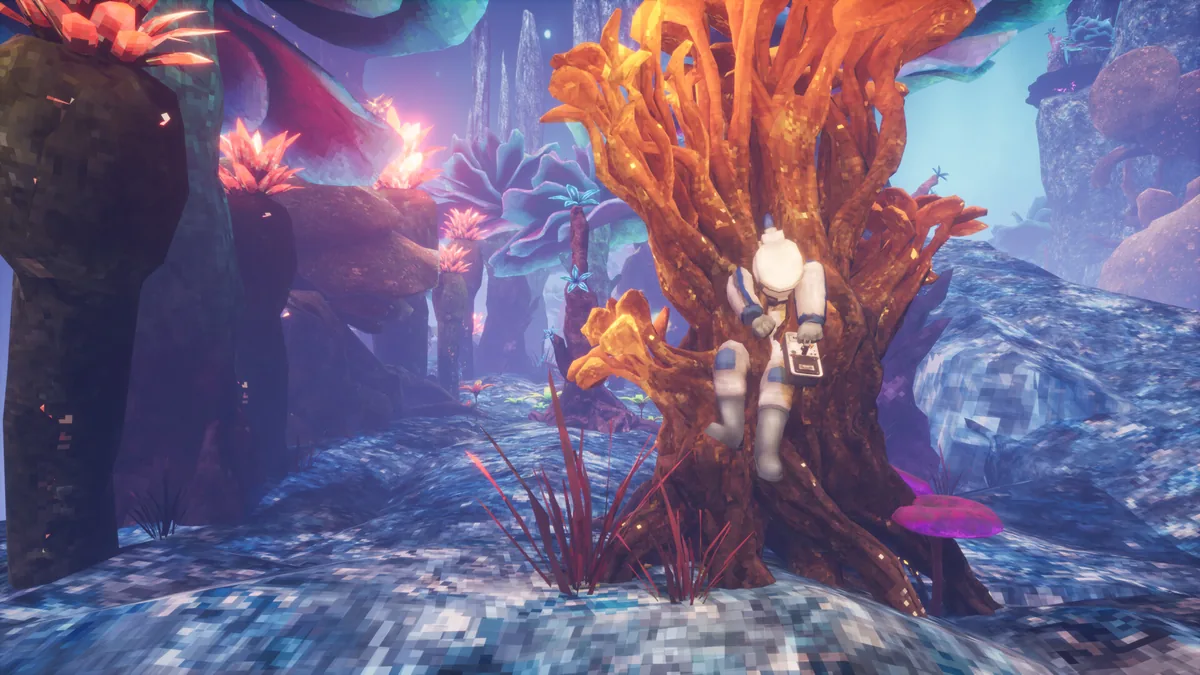 An astronaut-suited survivor climbing a glowing orange alien tree structure in a surreal purple-lit Portal World environment
