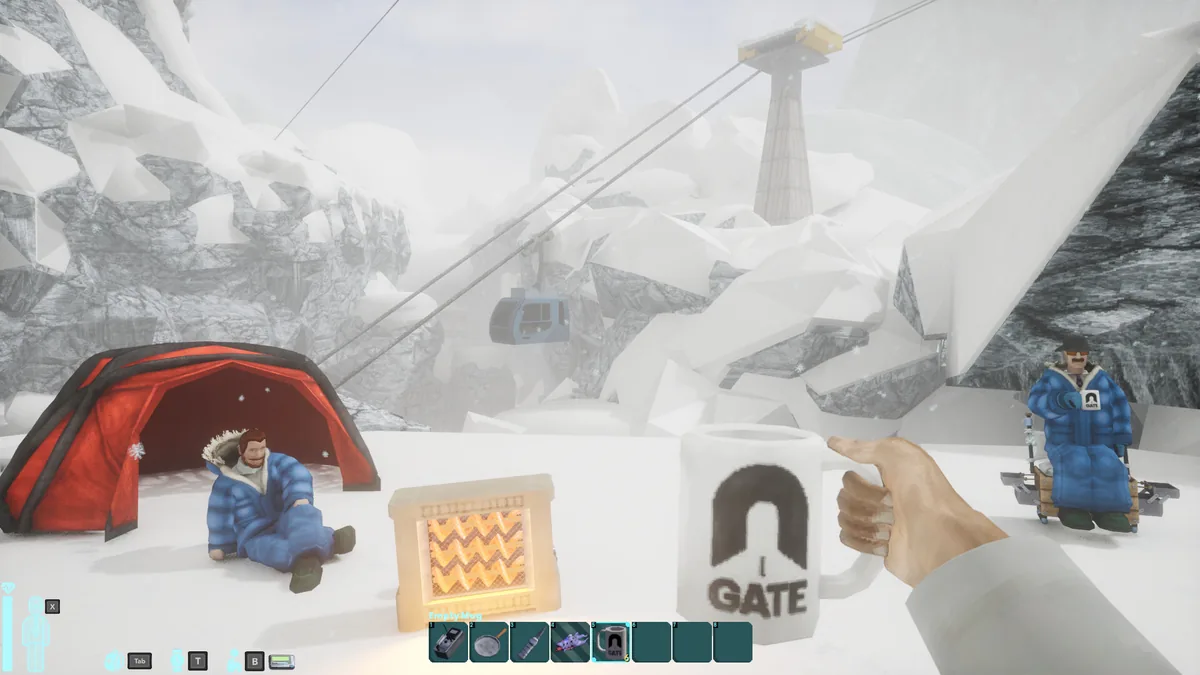A snowy mountain Portal World with a cable car system, a red tent, and two survivors resting near their camp, a GATE-branded mug in the foreground