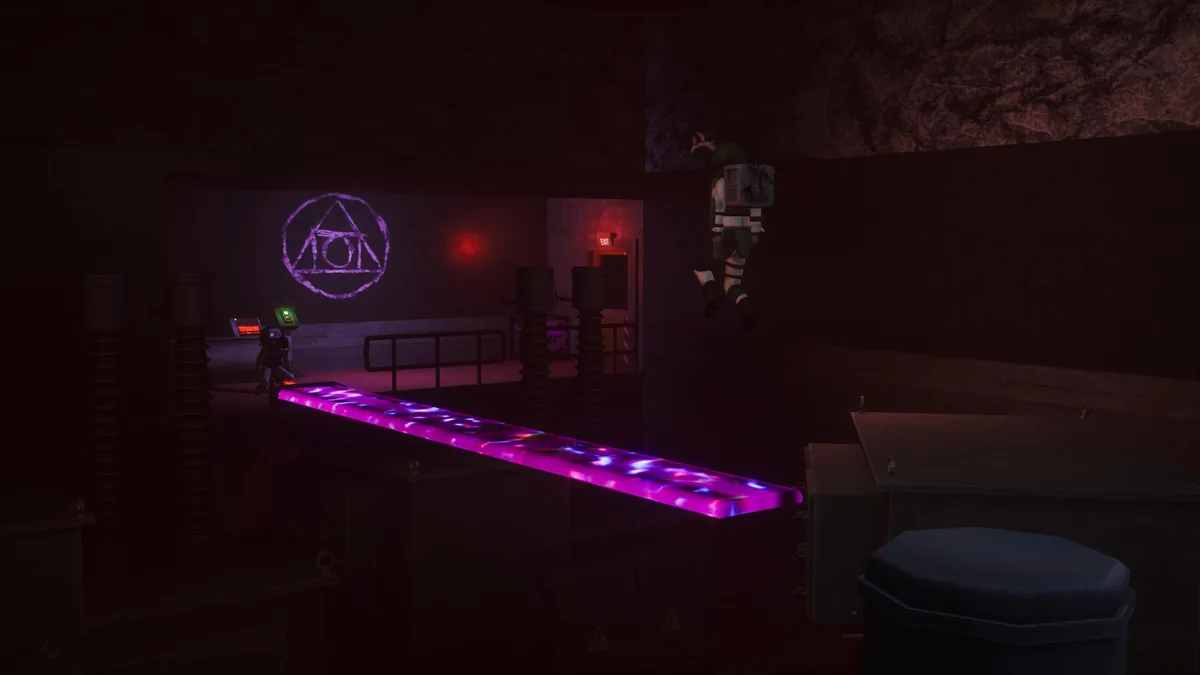 A dimly lit facility corridor with an occult symbol scrawled on the wall and a floating creature silhouette near the ceiling