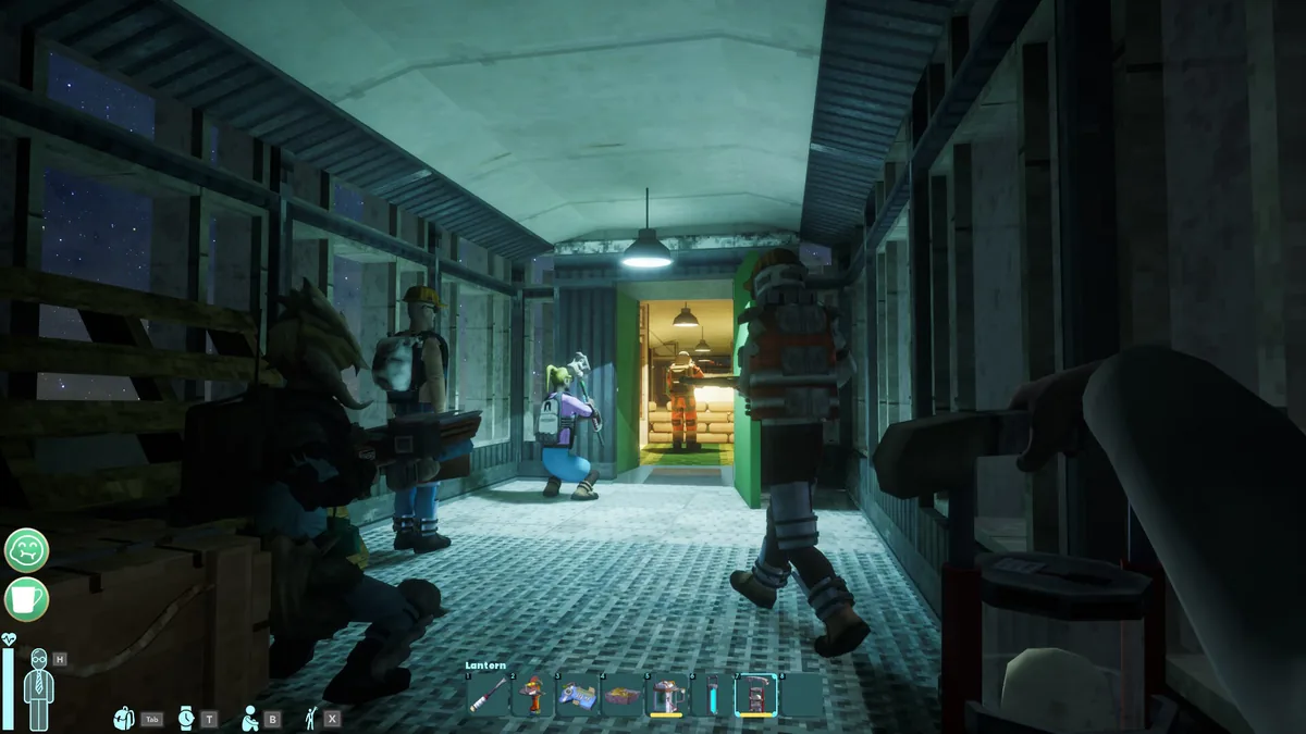 Four survivors in a facility corridor, weapons raised, moving cautiously past an open doorway with a figure visible inside