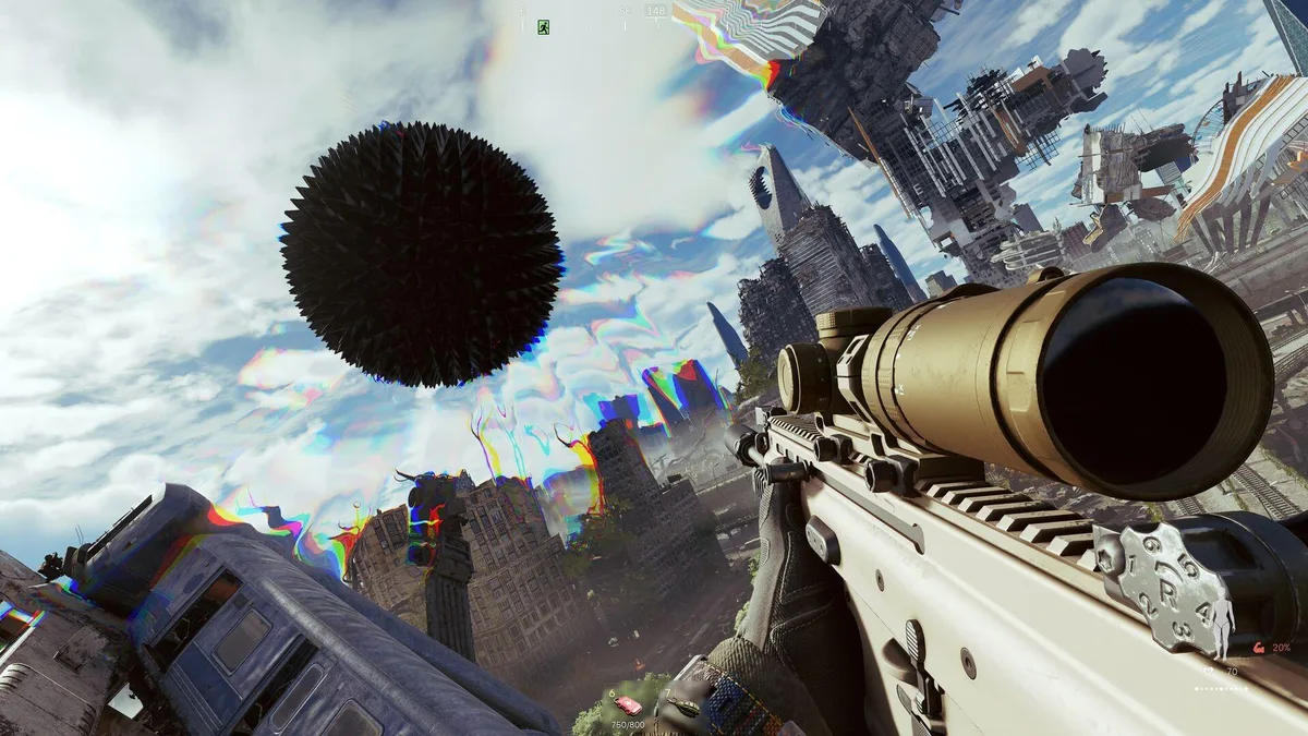 A scoped rifle aimed at a black spiked sphere floating over an upside-down city skyline with warped, glitching sky