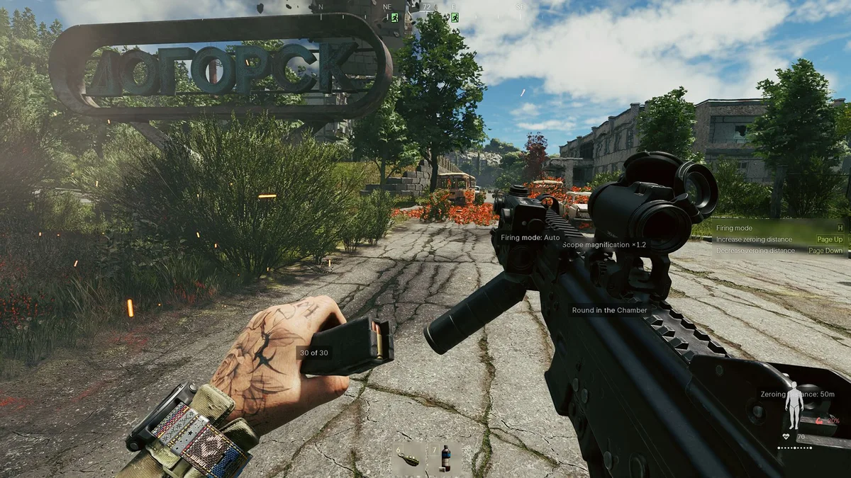First-person rifle in front of the rusted Dogorsk town sign on a cracked, overgrown road