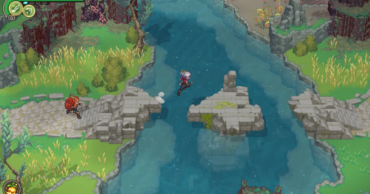 Two characters leaping across a broken stone bridge over a blue river in Alabaster Dawn's overworld, crystal-topped ruins on both banks