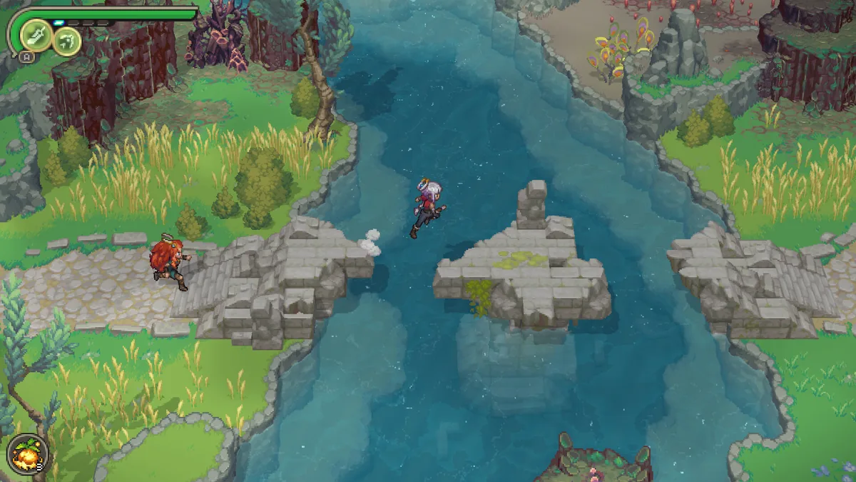 Alabaster Dawn character leaping across stone ruins over a river with another character on the shore, overgrown ruins visible on both banks
