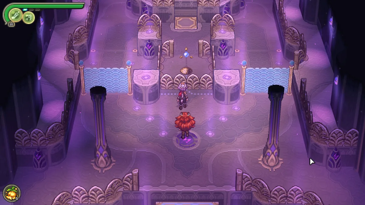 Alabaster Dawn character standing in a purple-lit temple dungeon room with an ornate shrine puzzle and two carved pillars