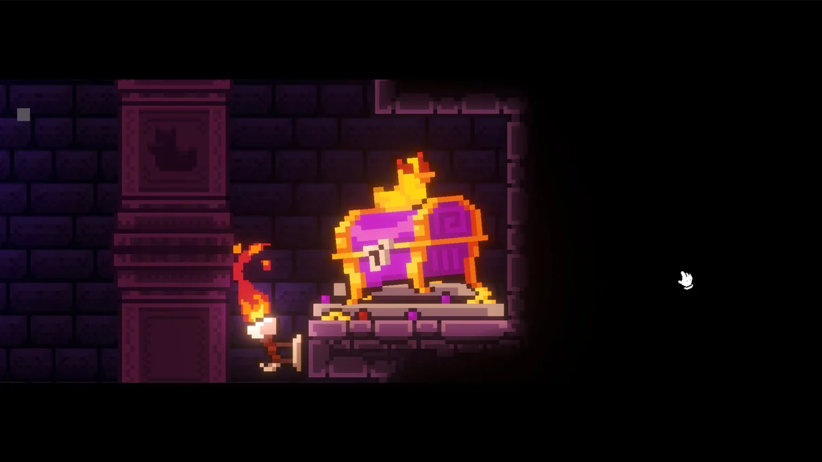 All Hail the Orb flame-bearing cultist approaching a large glowing crowned gold and purple treasure chest on a pedestal in a dark hidden dungeon room