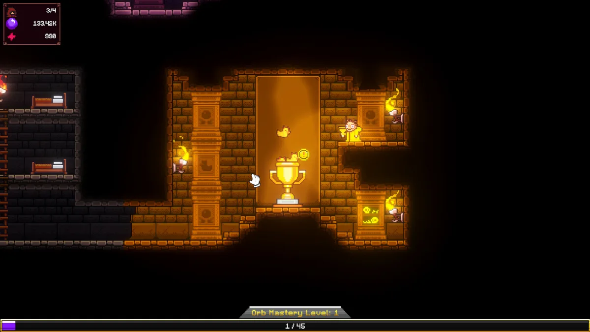 All Hail the Orb showing the Orb Mastery progress screen at level 1 with a 1 of 45 mastery counter and a golden trophy chamber surrounded by side rooms