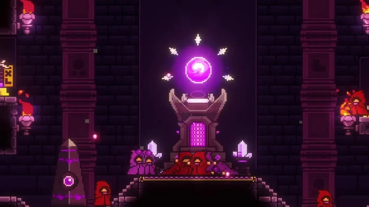 All Hail the Orb dungeon room with glowing passage leading to new automation upgrade chamber, pixel art torches lining stone walls