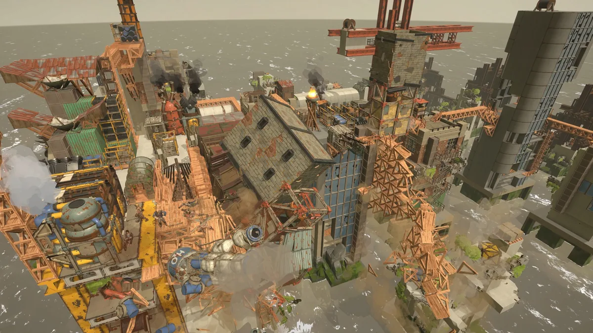 Two survivors standing near a partially collapsed factory building, its upper floor tilted sideways and hanging over broken support beams, with water pooling below the wreckage