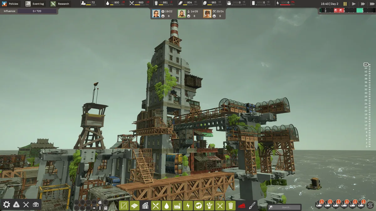 A derelict, ivy-covered skyscraper repurposed as an early ocean settlement, with a wooden watchtower beside it and glass-roofed greenhouse tunnels under construction, seen under an overcast grey sky